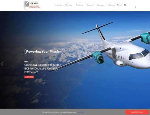 Image of Crane Aerospace and Electronics company website.
